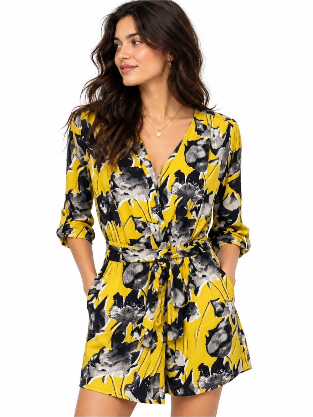 Anthropologie Elevenses Yellow Floral Somerset Romper Belted Medium Pockets